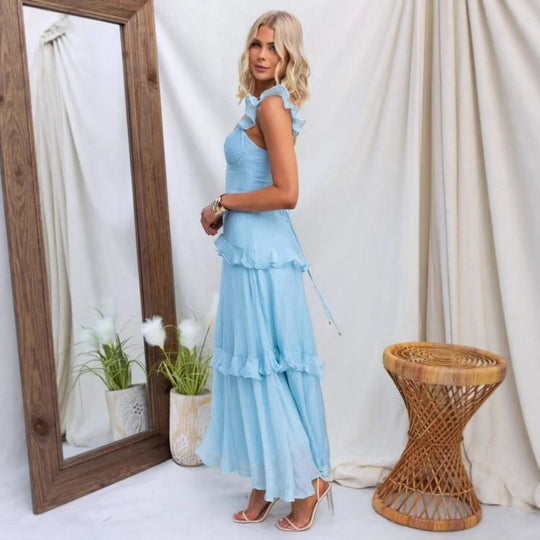 Damen Maxikleid mit Rüschendetails und taillierter Silhouette EB