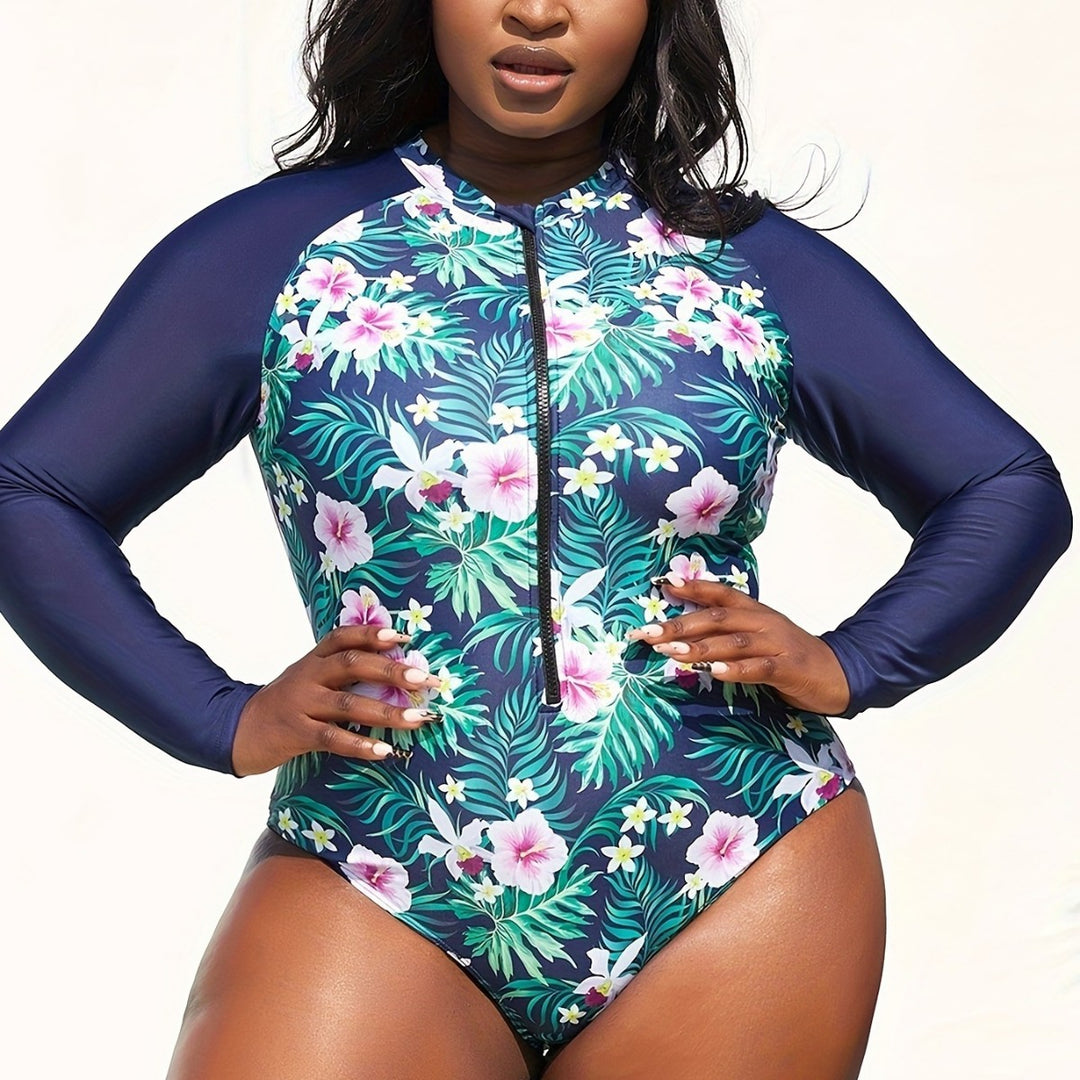 Damen Sportlicher Langarm-Schwimmanzug mit floralem Design EB
