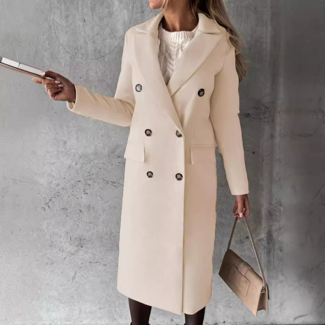 Damen nan klassischer langer Doppelreiher Mantel mit Reverskragen und Pattentaschen EB