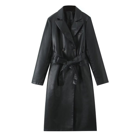 Damen Kunstleder Trenchcoat mit taillierbarem Gürtel und doppelter Knopfleiste EB