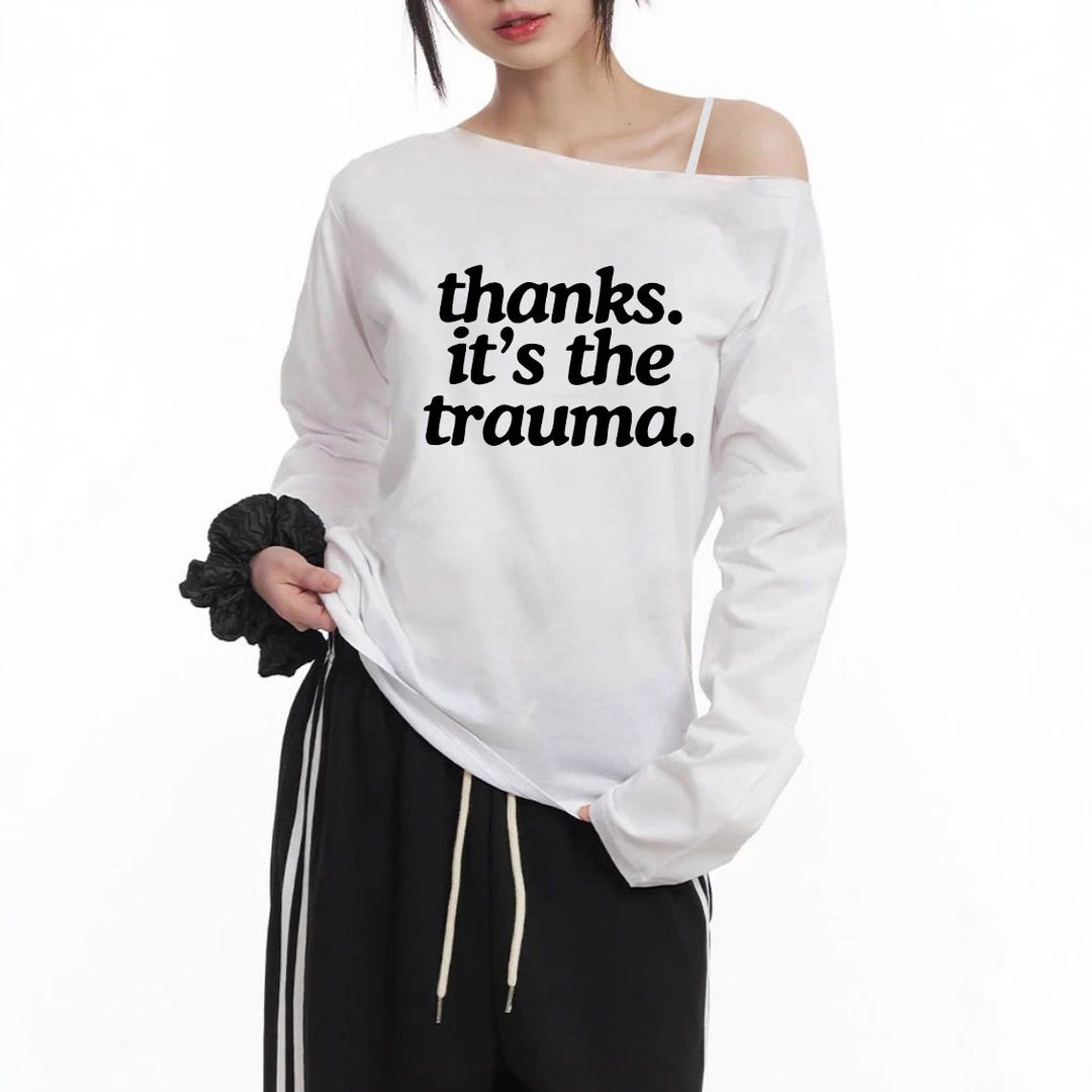 Damen nan Off-Shoulder Langarm-Cropshirt mit Statement-Print, asymmetrischem Ausschnitt und lockerem Oversize-Schnitt EB
