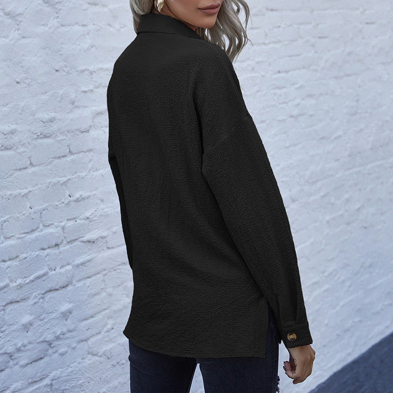 Damen Strukturierte Oversize-Hemdbluse mit Brusttaschen und Knopfleiste EB