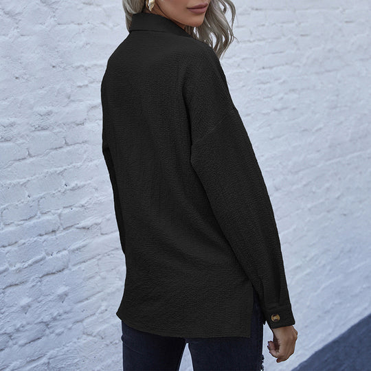 Damen Strukturierte Oversize-Hemdbluse mit Brusttaschen und Knopfleiste EB