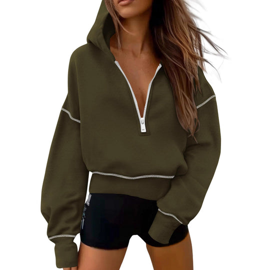 Damen nan cropped Kapuzenpullover mit halbem Reißverschluss und voluminösen Ballonärmeln EB
