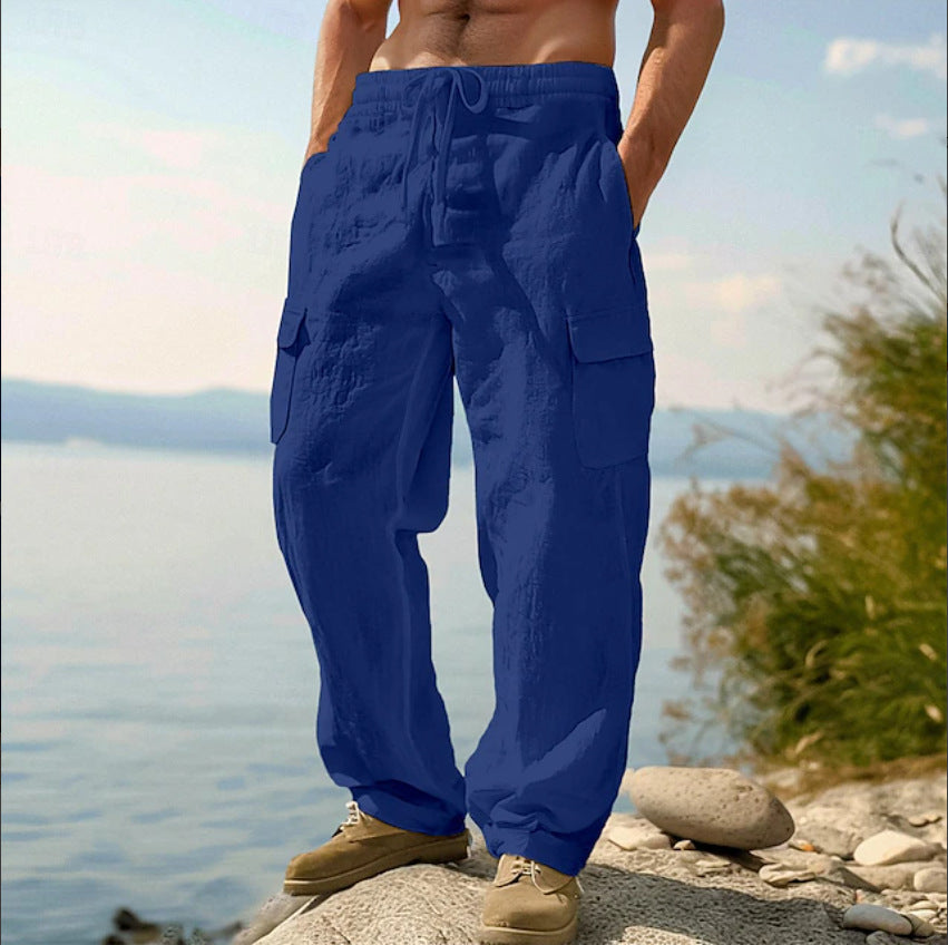 Herren nan weite Casual-Cargohose aus Leinen-Baumwollmix mit Elastikbund, Tunnelzug und großen Pattentaschen EB