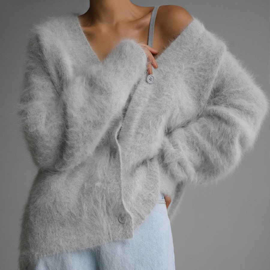 Damen Kuscheliger Oversize-Cardigan aus Teddy-Strick mit tiefem V-Ausschnitt EB