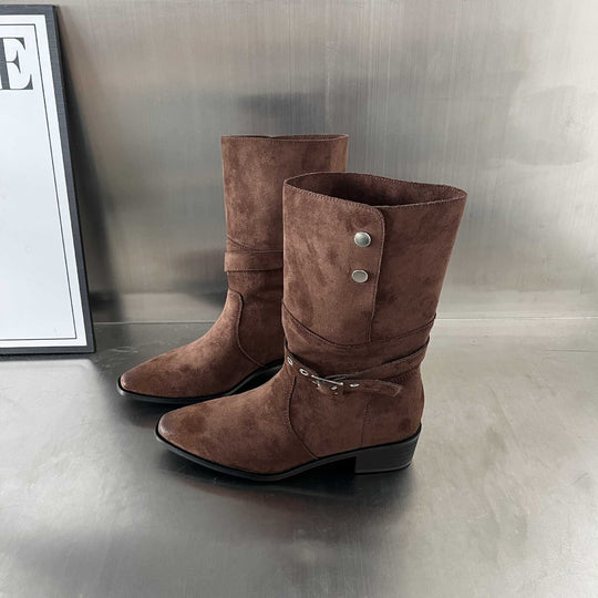 Damen Elegante Stiefel aus hochwertigem Wildleder mit modischem Schnallenverschluss EB