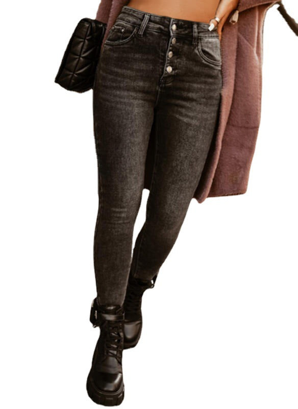 Damen figurbetonte Jeans mit hoher Taille und klassischem Knopfverschluss EB