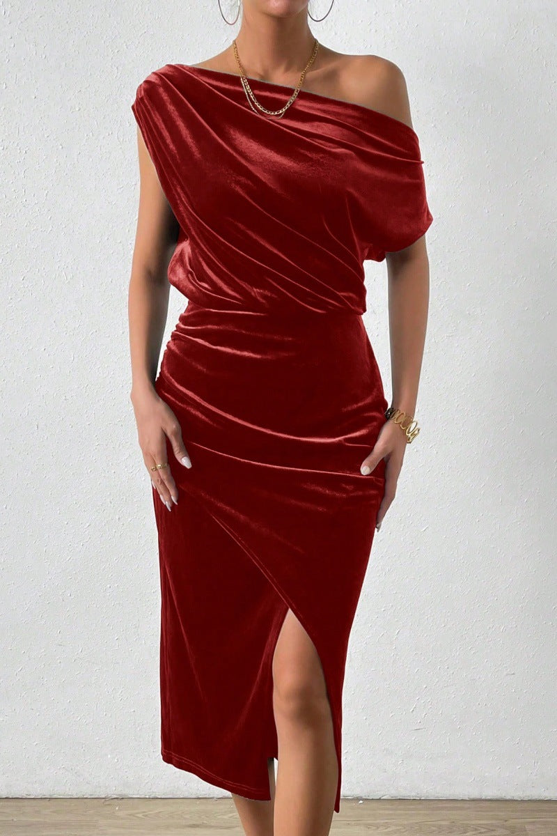 Damen Elegantes Schulterfreies Midikleid im Fließenden Design EB