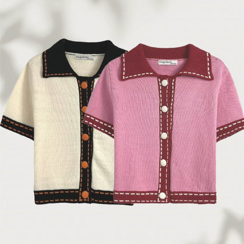 Damen Kurzarmpullover mit kontrastierenden Details EB