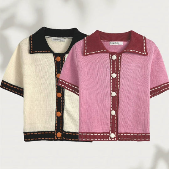 Damen Kurzarmpullover mit kontrastierenden Details EB