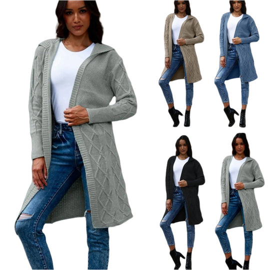 Damen Strickjacke mit Kapuze und stilvollem Zopfdesign EB