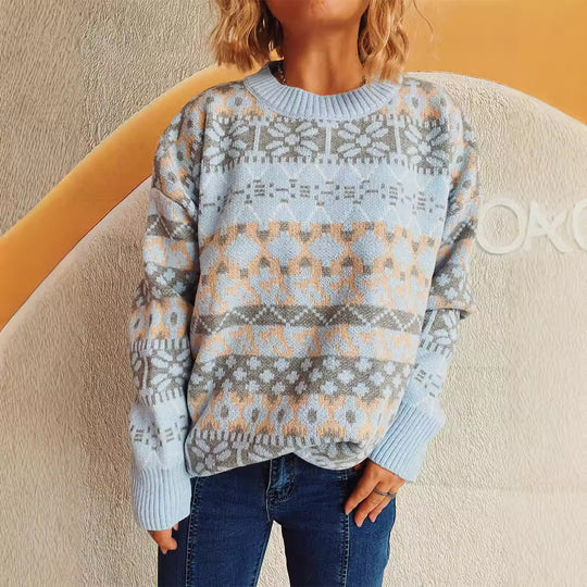 Damen gemütlicher Strickpullover mit winterlichem Muster und lässigem Schnitt EB
