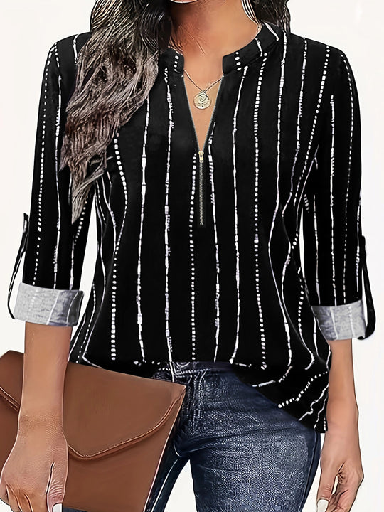 Damen Hemdblusenshirt mit elegantem Reißverschluss und modernem Streifenmuster EB