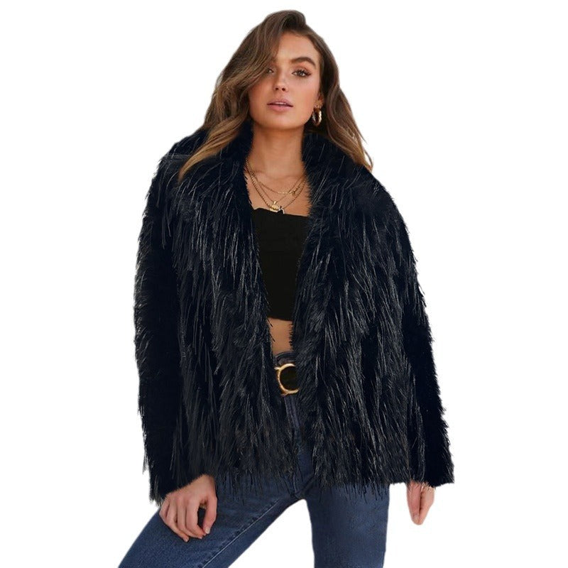 Damen Eleganter Kunstfellblazer mit breitem Kragen EB