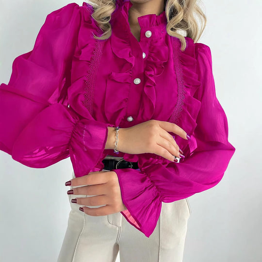 Damen Rüschenbluse aus Chiffon mit Stehkragen und Perlenknöpfen EB