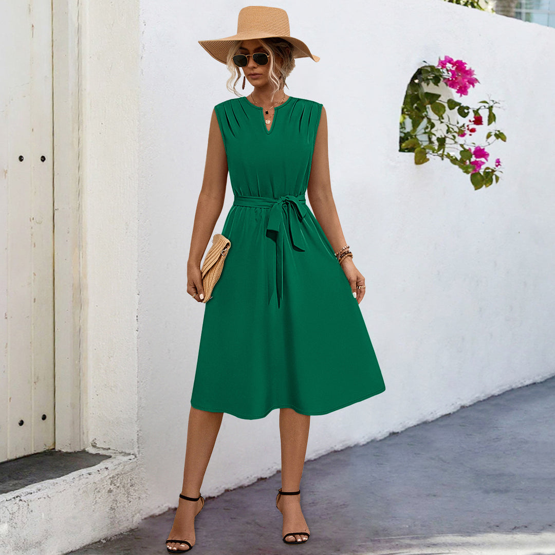Damen Midi-Kleid mit elegantem Taillengürtel und modischem Faltenrock EB