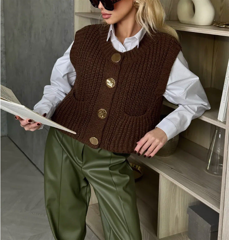 Damen grobgestrickte Woll-Boxy-Weste mit Zierknöpfen und Eingrifftaschen EB