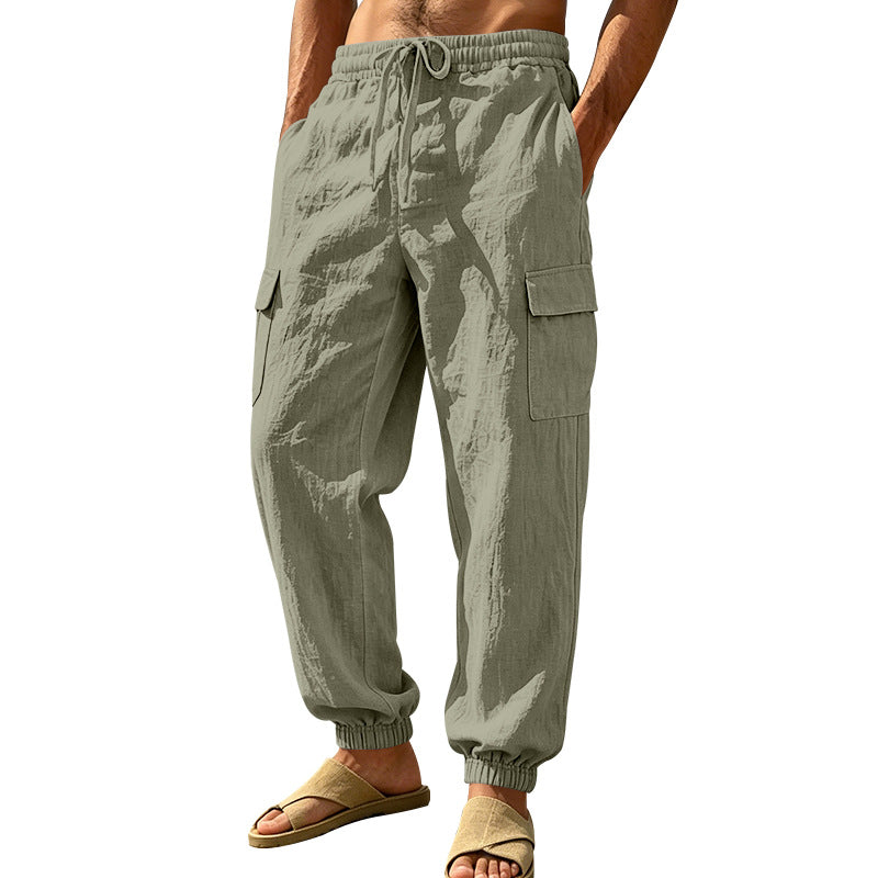 Herren nan leichte Cargo-Joggerhose aus Leinenmischung mit elastischem Tunnelzugbund, aufgesetzten Klappentaschen und gerippten Beinabschlüssen EB