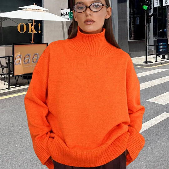 Damen Strickpullover mit hohem Kragen und weitem Schnitt EB