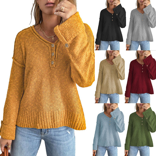 Damen lässiger Strickpullover mit Knopfdetails und überschnittenen Schultern EB