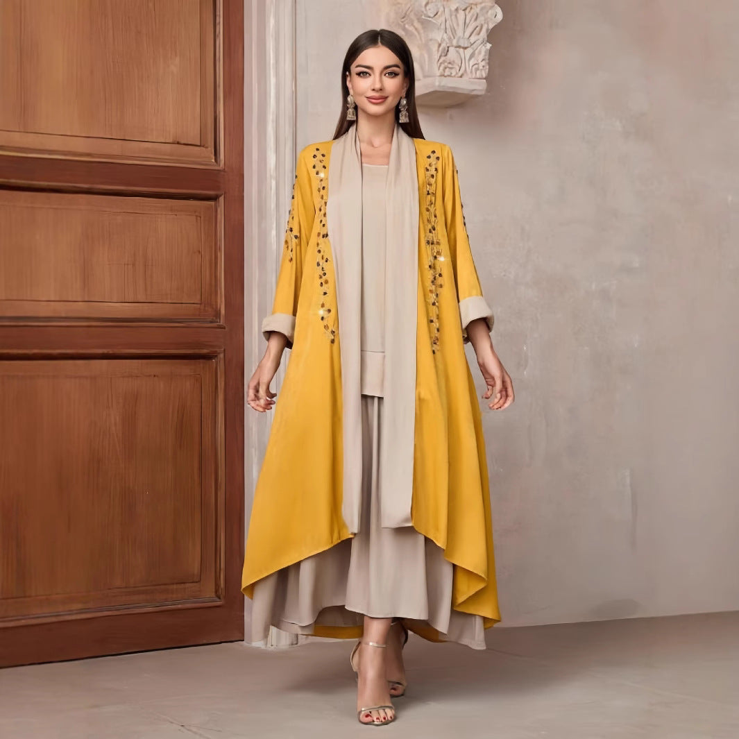 Damen Langarm-Kimono mit dekorativen Applikationen und asymmetrischem Saum EB