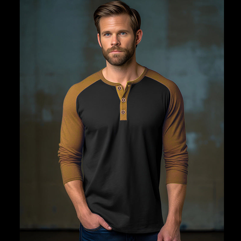Herren Langarm-Henley-Shirt mit kontrastierenden Ärmel und modischem Knopfdesign EB