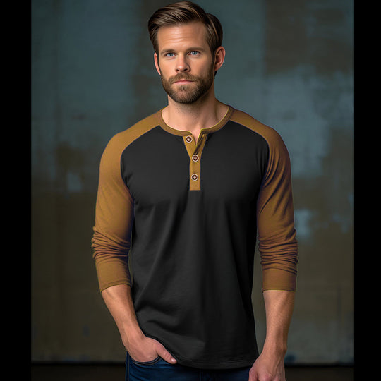 Herren Langarm-Henley-Shirt mit kontrastierenden Ärmel und modischem Knopfdesign EB