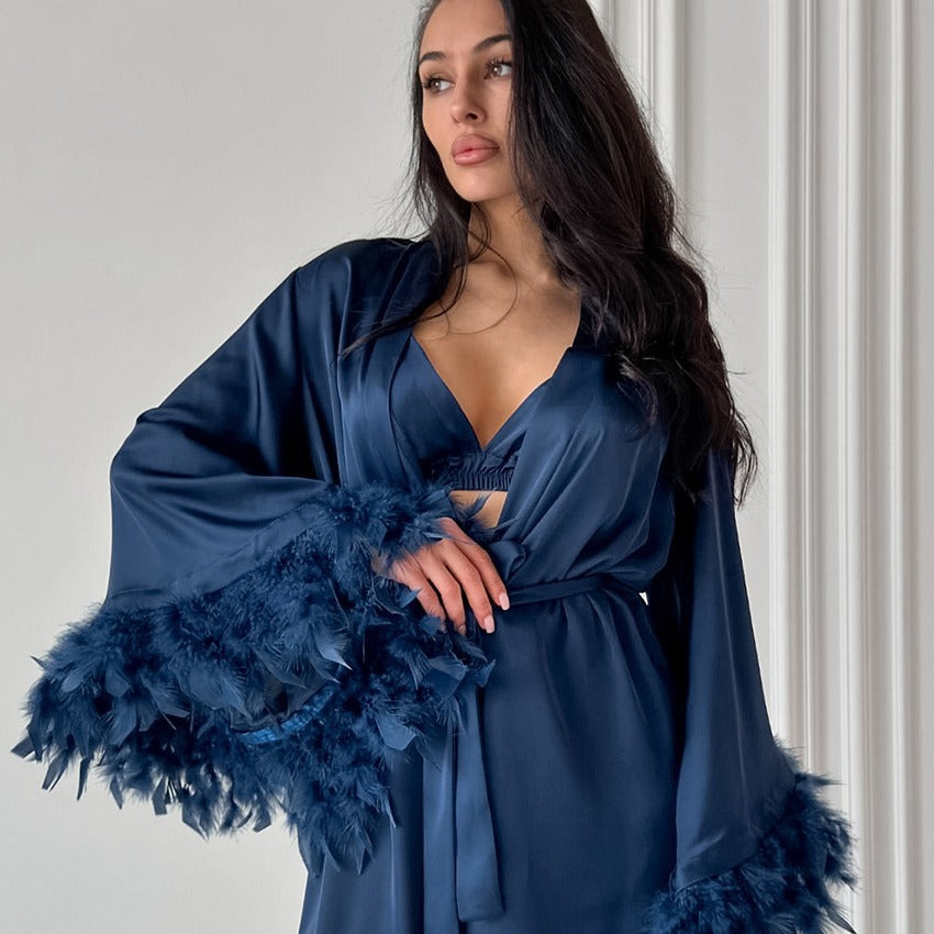 Damen Satin Kimono mit Federn EB