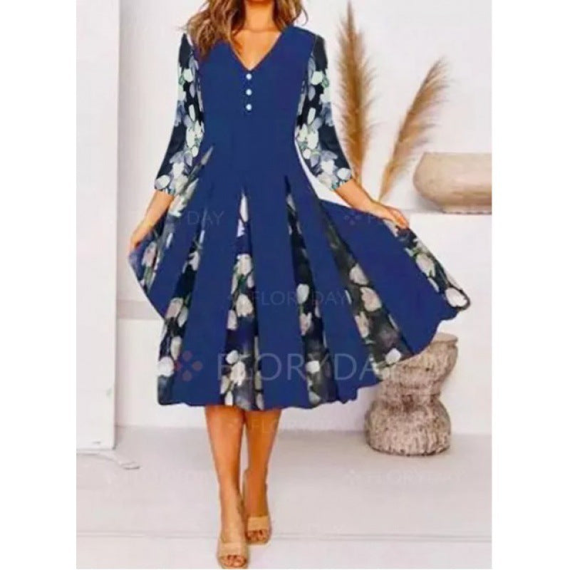 Damen V-Ausschnitt Midi-Kleid mit fließendem Rock und floralem Ärmeldesign EB