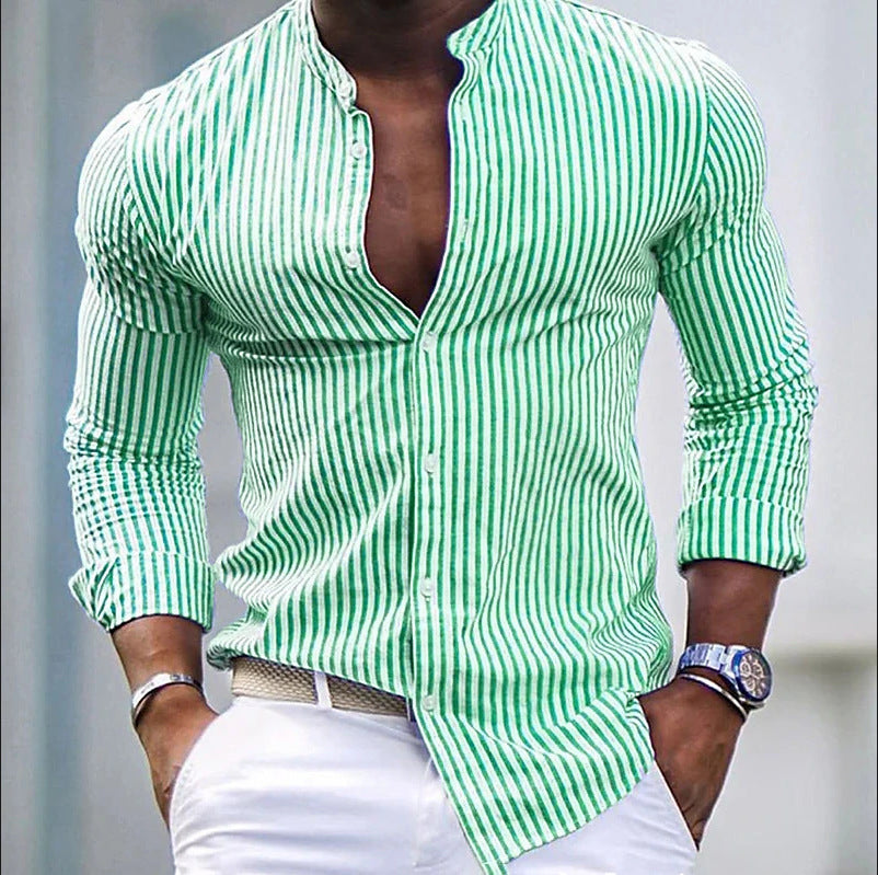 Herren Langarmhemd mit modernem Stehkragen und feiner Streifenstruktur EB