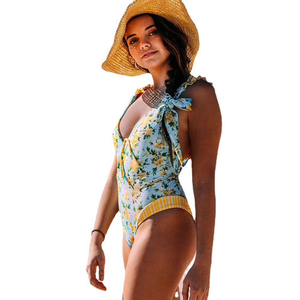 Damen Einteiliger Badeanzug mit Rüschen und floralem Design EB