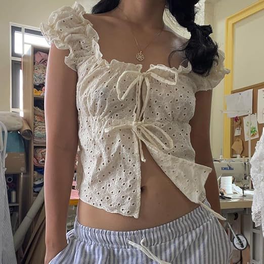 Damen Rüschenshirt mit tiefer Taille und Bindebändern EB