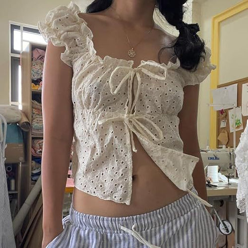 Damen Rüschenshirt mit tiefer Taille und Bindebändern EB
