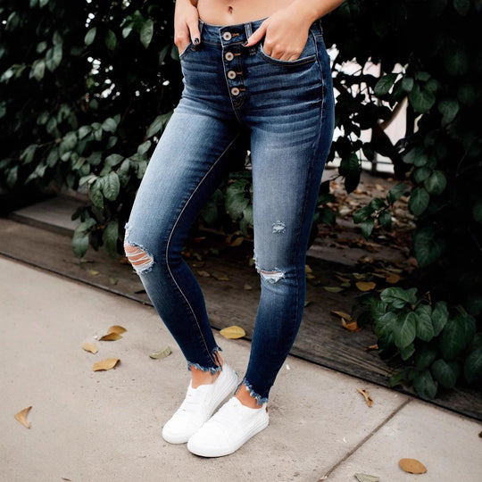 Damen Skinny Jeans mit Button-Fly und modischen Destroyed-Details EB