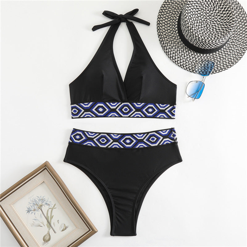 Damen Bikini-Set mit geometrischem Design und tiefem V-Ausschnitt EB
