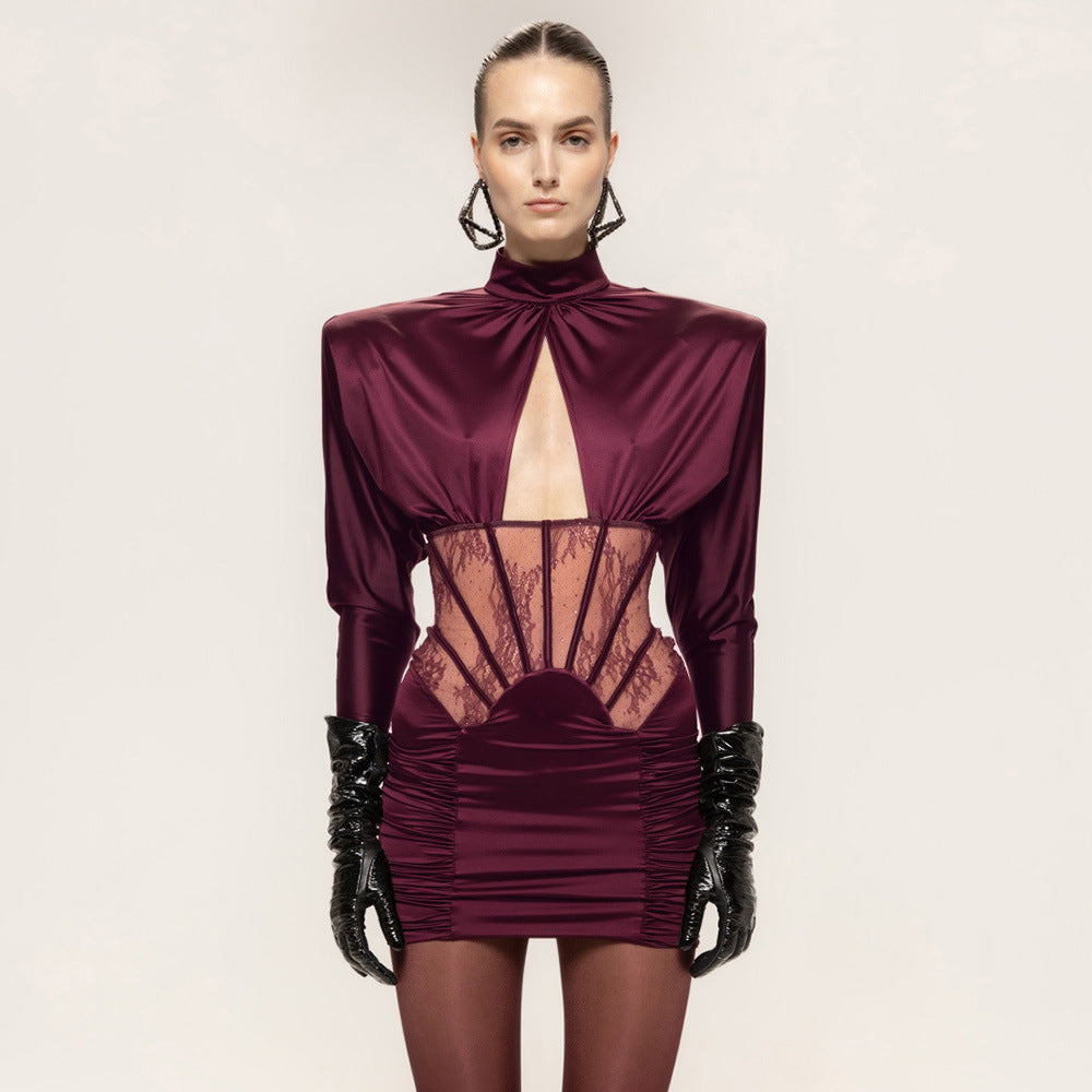 Damen Figurbetontes Cocktailkleid mit elegantem Spitzenbesatz und Raffungen EB