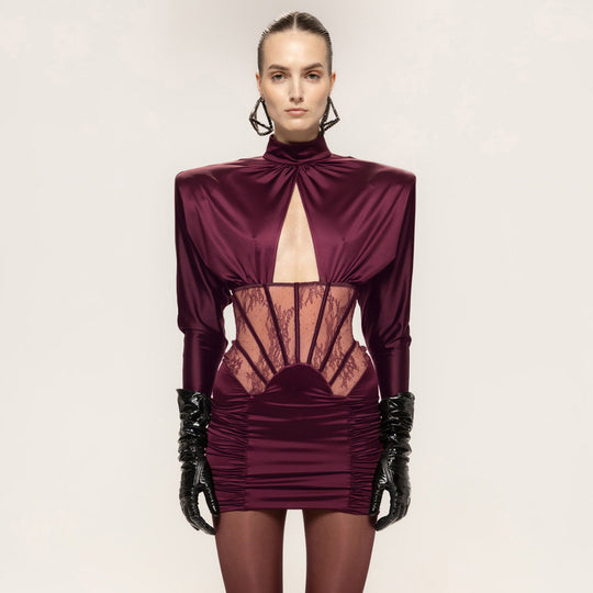 Damen Figurbetontes Cocktailkleid mit elegantem Spitzenbesatz und Raffungen EB