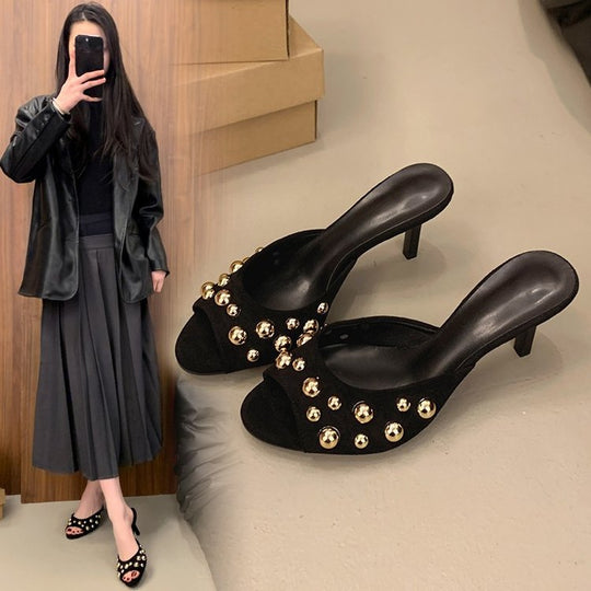 Damen Elegante Slingback Mules mit glitzernden Perlenakzenten EB