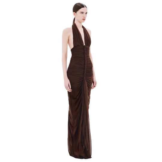 Damen Exquisites gerafftes Maxikleid mit tiefem V-Ausschnitt und eleganten Drapierungen EB