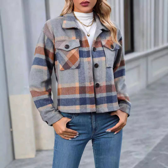 Damen Karierte Flanelljacke mit Taschen EB
