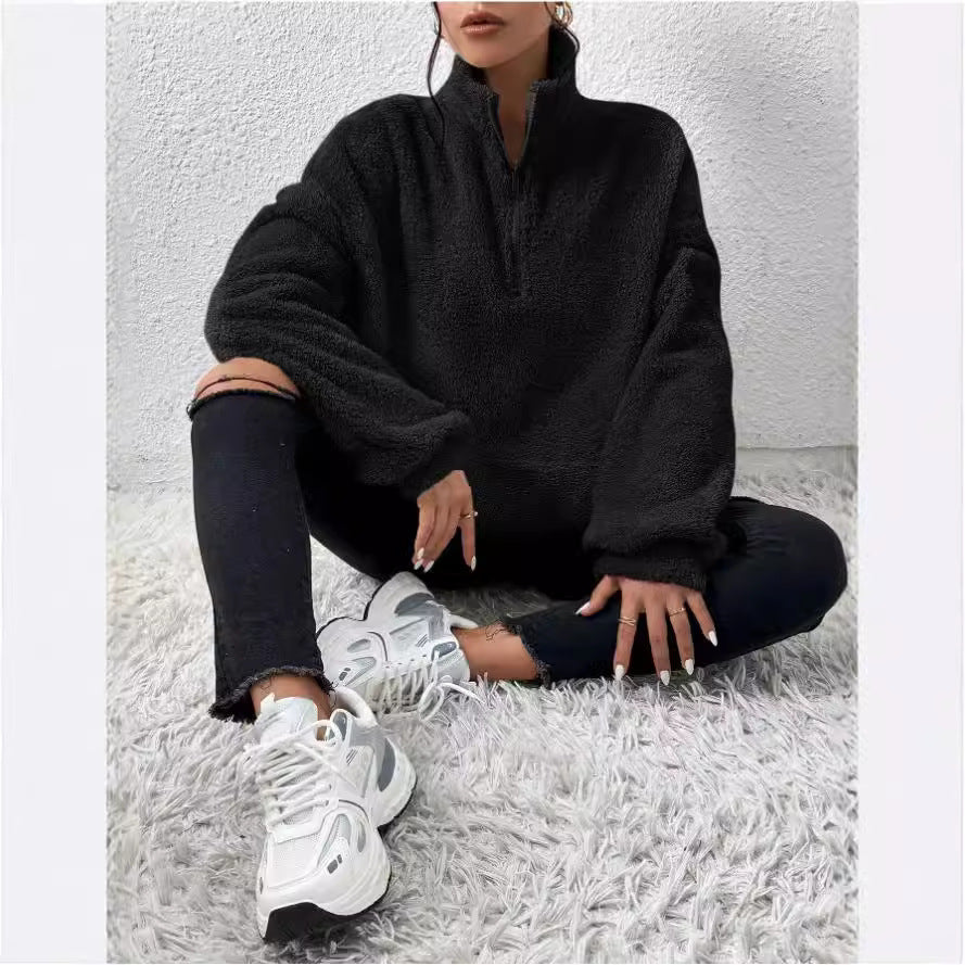 Damen Kuscheliger Fleece-Pullover mit Stehkragen und Eingrifftaschen EB