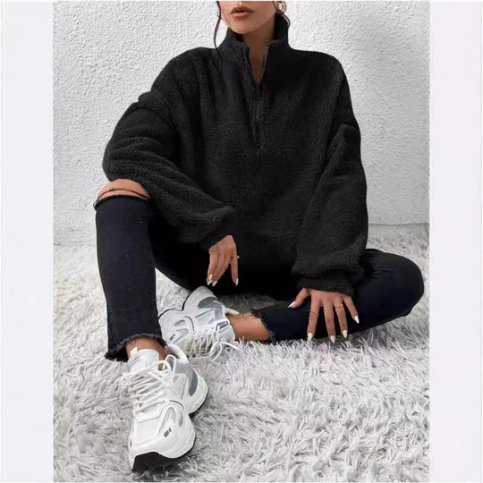 Damen Kuscheliger Fleece-Pullover mit Stehkragen und Eingrifftaschen EB