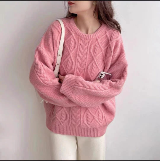 Damen Oversized Strickpullover mit Zopfmuster EB