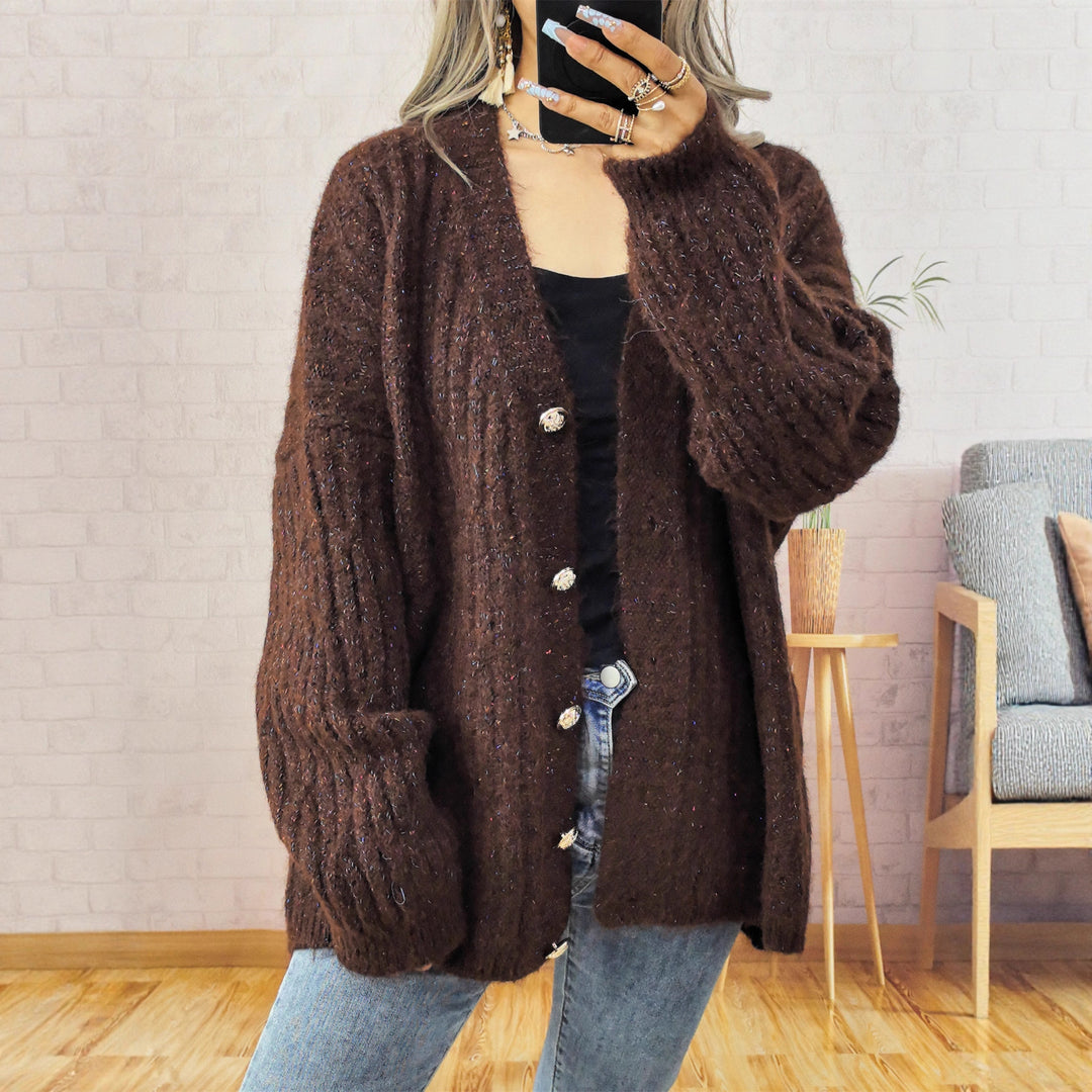 Damen Grobstrickjacke mit modischen Knöpfen und lässigem Schnitt EB