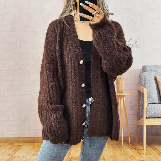 Damen Grobstrickjacke mit modischen Knöpfen und lässigem Schnitt EB