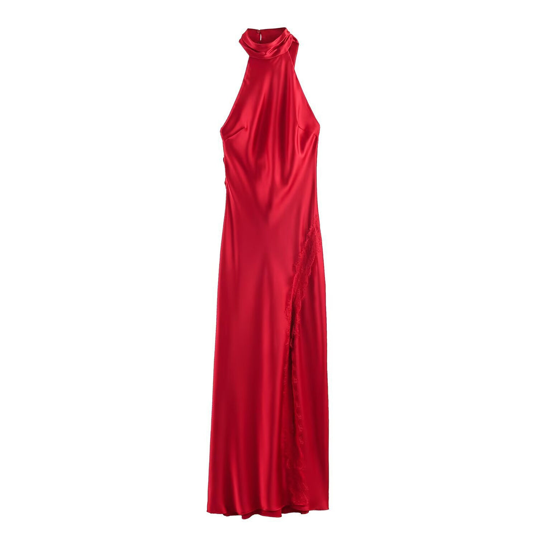 Damen Lange Abendrobe mit elegantem Kragen und Spitzenakzenten EB