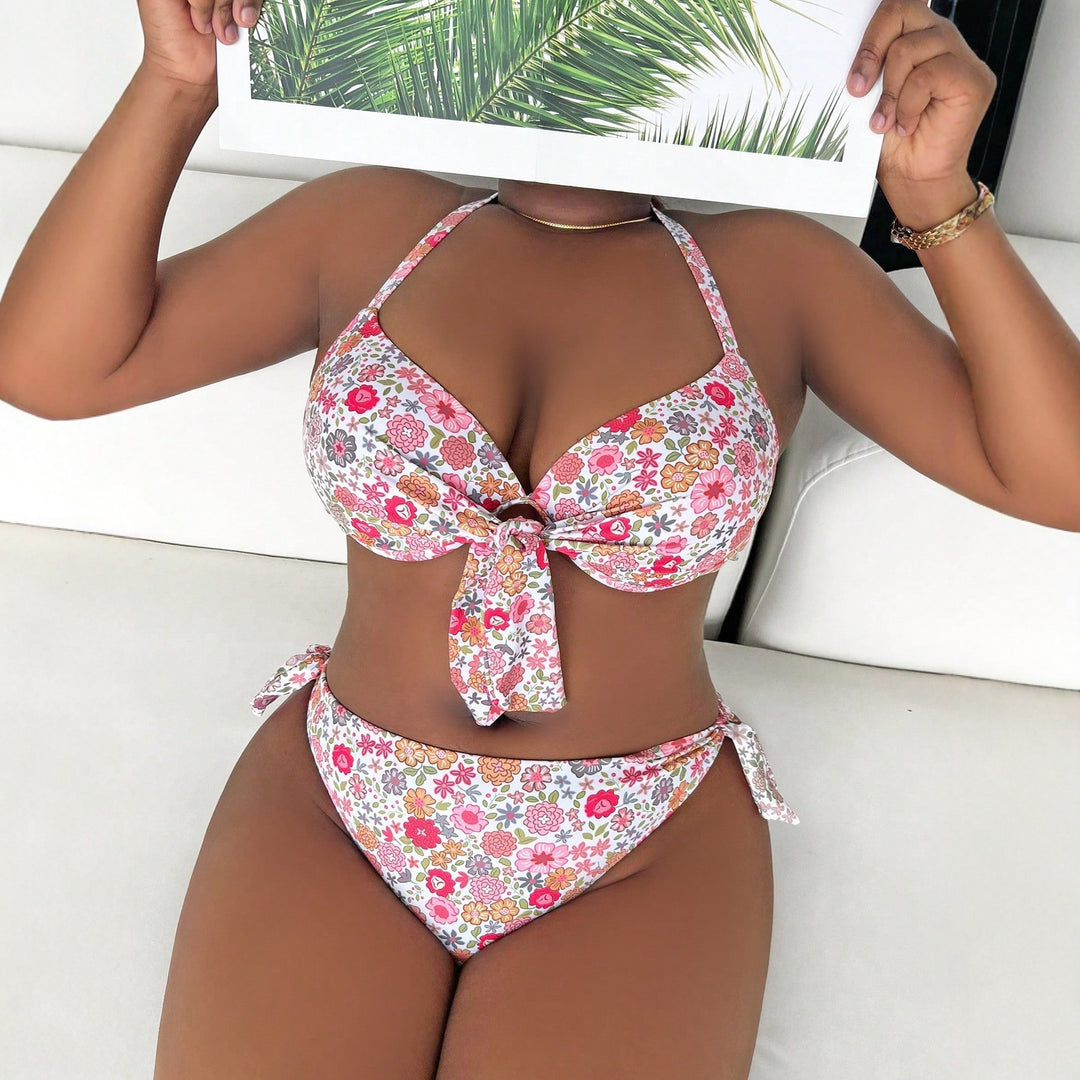 Damen Triangel-Bikini mit verspieltem Blumenmuster und herausnehmbarem Padding EB