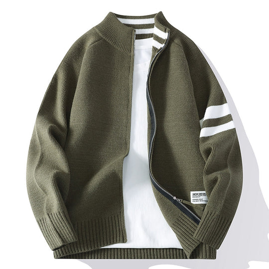 Herren nan gestrickte Zip-Cardigan im College-Stil mit gestreiftem Ärmelband und geripptem Stehkragen EB