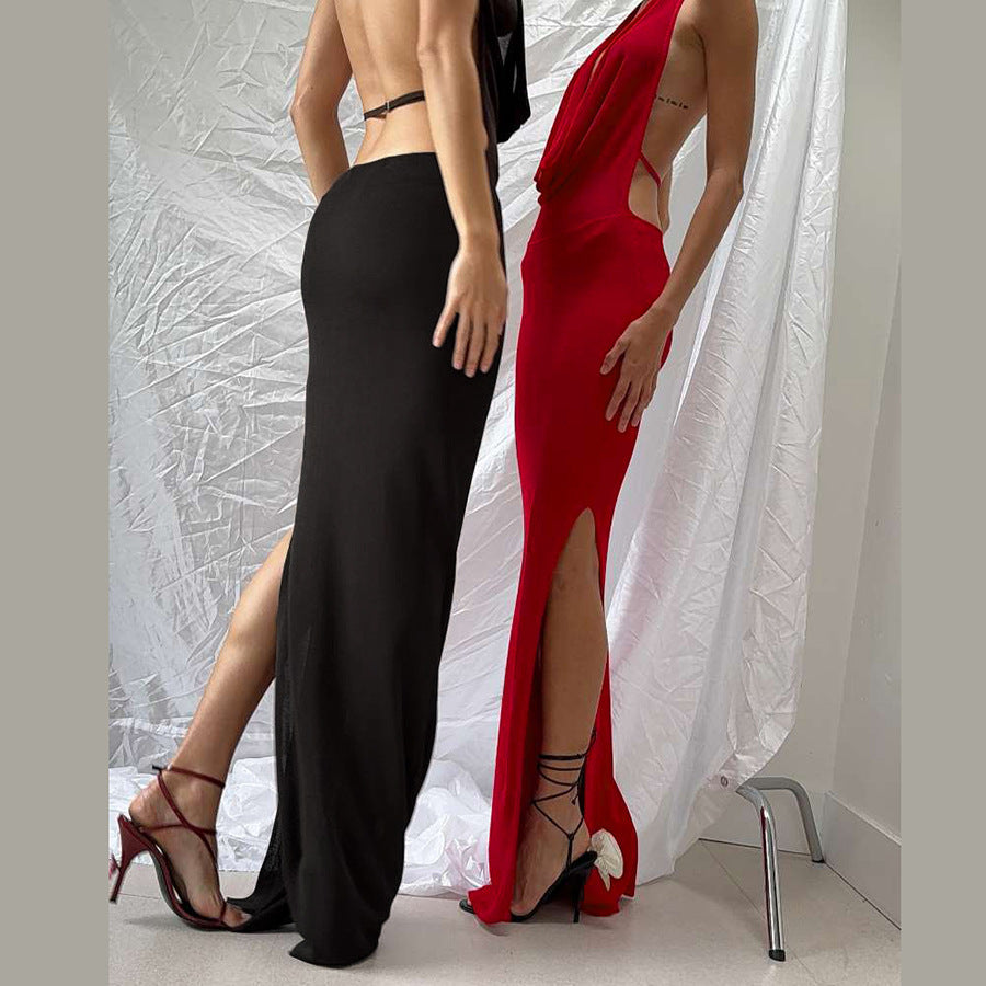 Damen Elegantes Maxikleid mit tiefem V-Ausschnitt und seitlichen Cut-Outs EB